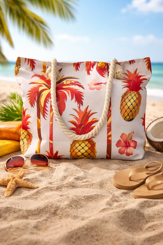 🌴Tropical Palm Tree, Pineapple & Hibiscus Beach Tote Bag🌸