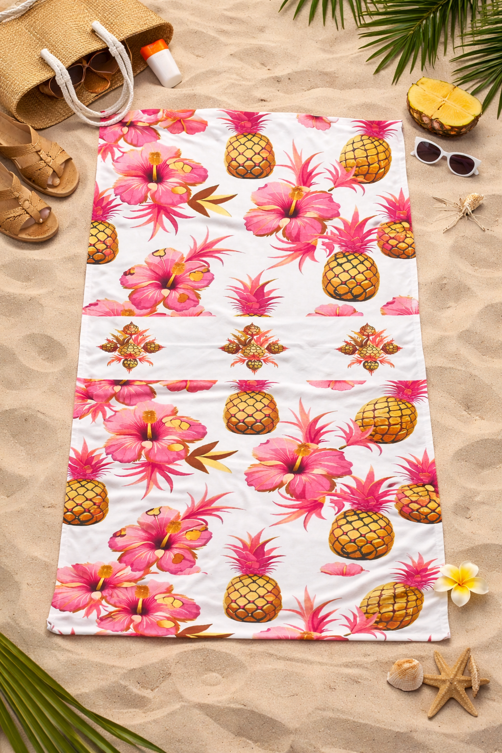 🍍Paradise Hibiscus & Pineapple Beach Towel – Premium Tropical 100% Cotton Towel (30x60)🌺