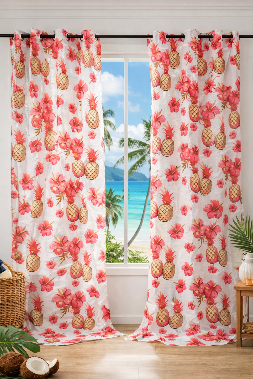 Tropical hibiscus pineapple curtains with Caribbean island beach view through window