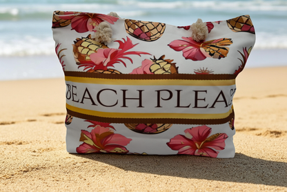 🏖️ “Beach Please” Tropical Hibiscus Pineapple Beach Tote Bag🌸